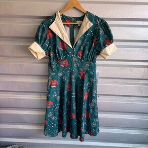 Unique Vintage NWT Teal & Red Floral Chain Print Swing Dress